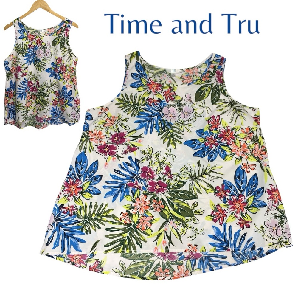 Time and Tru Sleeveless Floral V-Neck Lightweight Top - Women’s Large 12/14 - Picture 2 of 11